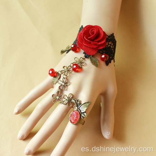 Pulsera retro rojo rosa encaje con joyería del anillo de vampiro Sexy